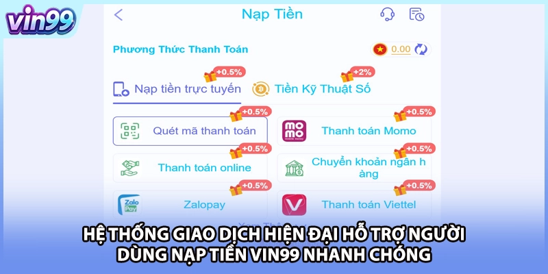 Hệ thống giao dịch hiện đại hỗ trợ người dùng nạp tiền VIN99 nhanh chóng
